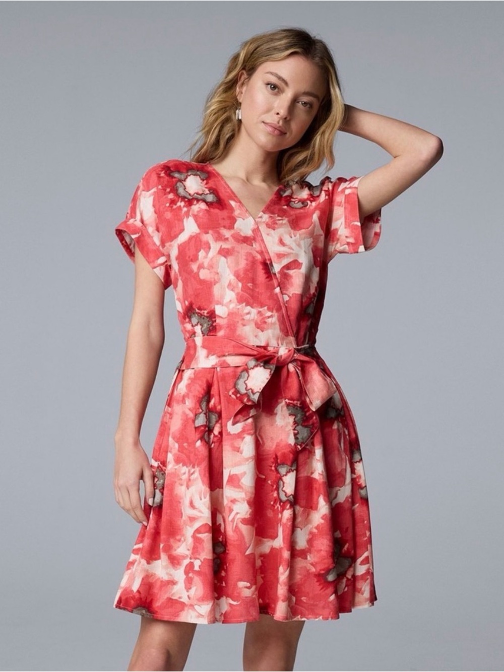 Simply Vera Wang Floral Faux Wrap Tie Waist Dress Linen Lightweight XXL
